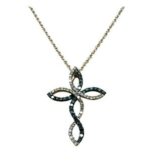 10k White Gold 10 Carat Diamond & 10 Carat Sapphire Cross W 14k Chain - BNWOT